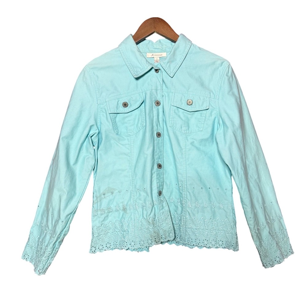 JM Collection Women 12 Aqua Blue Eyelet Embroidered Cotton Button Front Jacket